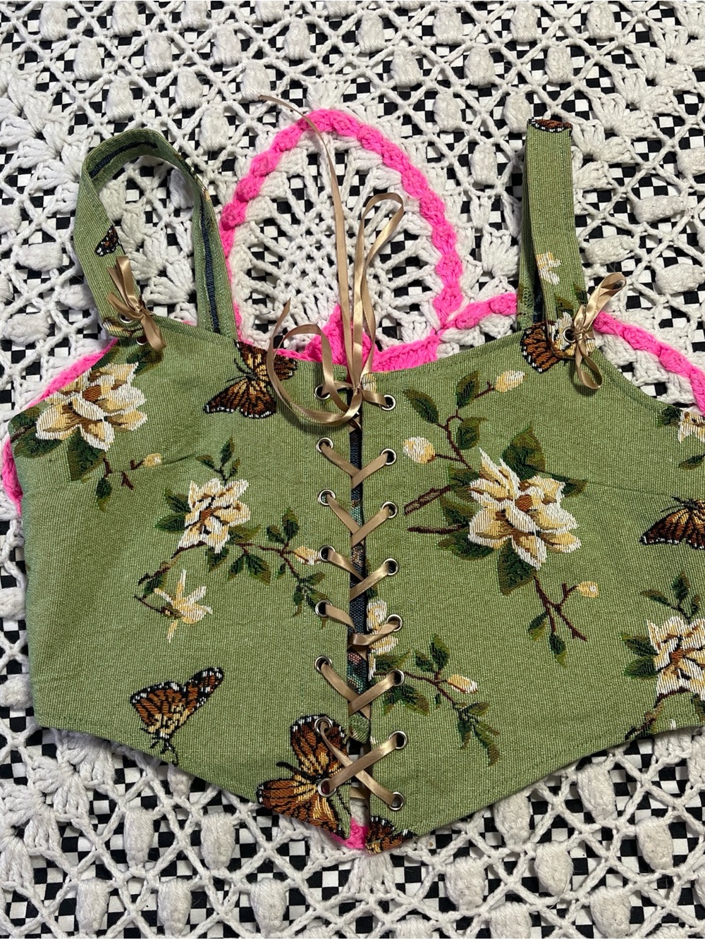 Cider Green Floral Lace-Up Corset  with Butterflies